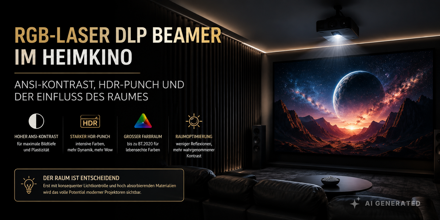 RGB-Laser-DLP-Projektor in einem optimierten Heimkino mit Darstellung von ANSI-Kontrast, HDR und Raumoptimierung